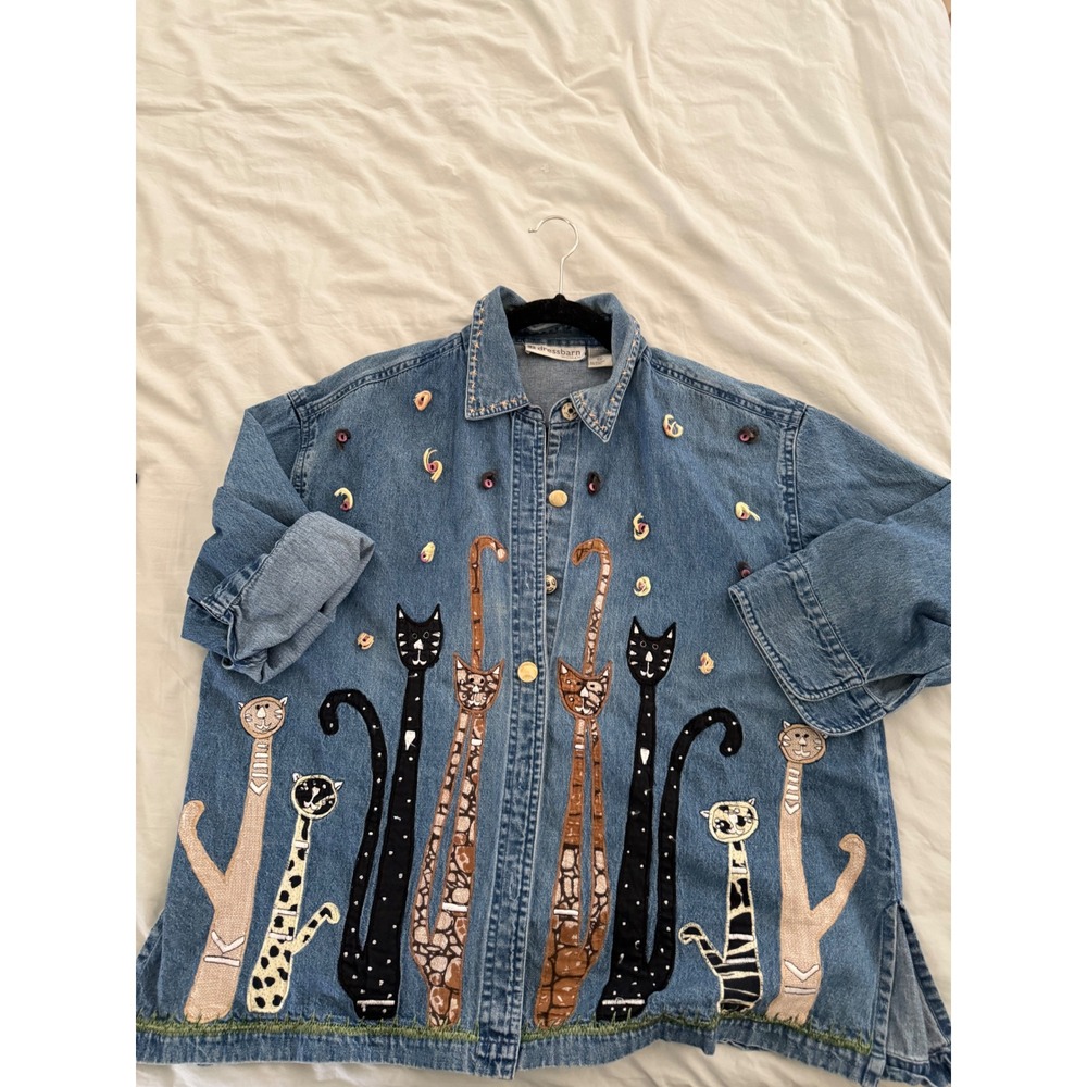 Vintage Dressbarn Cat Appliqué Denim Shirt Jacket 1X Whimsical Cat Lady - Picture 7 of 7